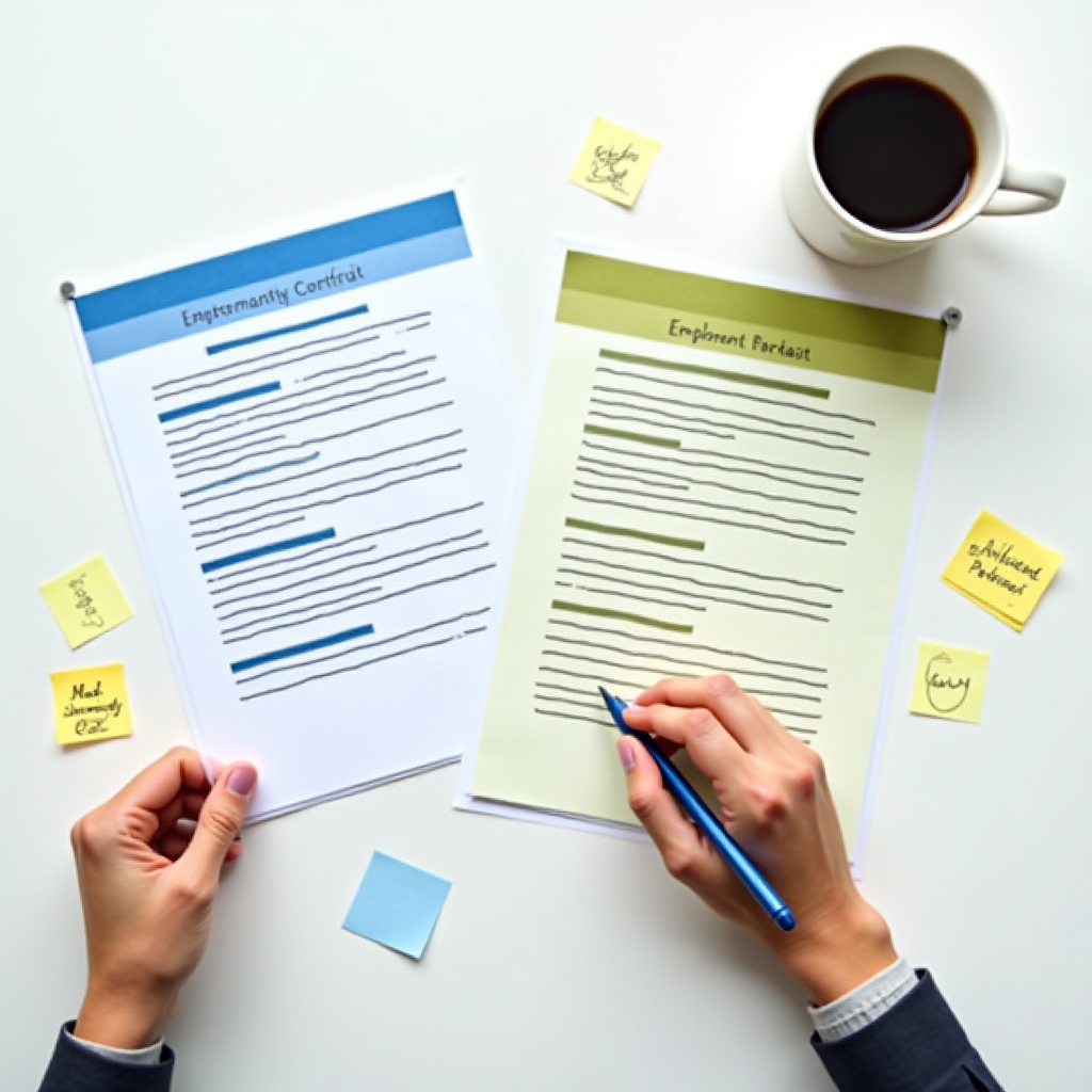 Two employment contract documents side by side on a desk